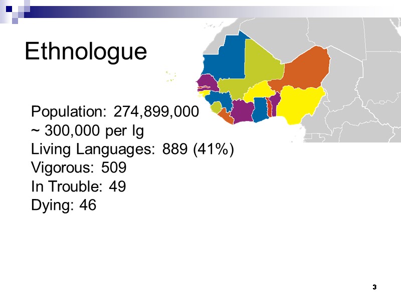 3 Ethnologue Population: 274,899,000 ~ 300,000 per lg Living Languages: 889 (41%) Vigorous: 509